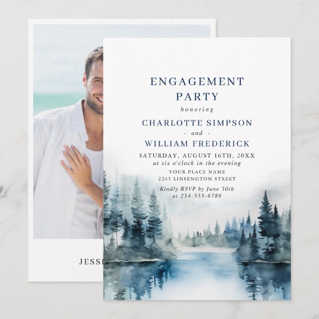 Elegant Mountains Forest Engagement Party Photo Invitation (Front/Back)
