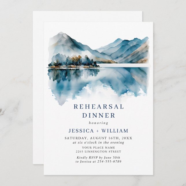 Elegant Mountains Forest Rehearsal Dinner Photo Invitation (Front/Back)