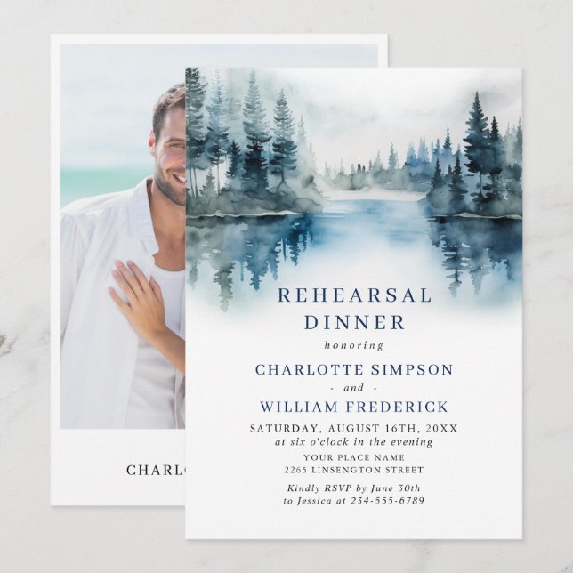 Elegant Mountains Forest Rehearsal Dinner Photo Invitation (Front/Back)