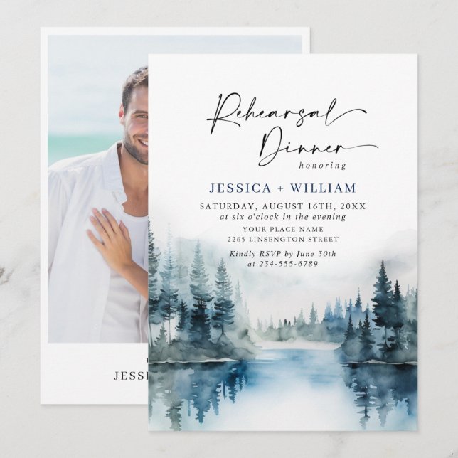 Elegant Mountains Forest Rehearsal Dinner Photo Invitation (Front/Back)
