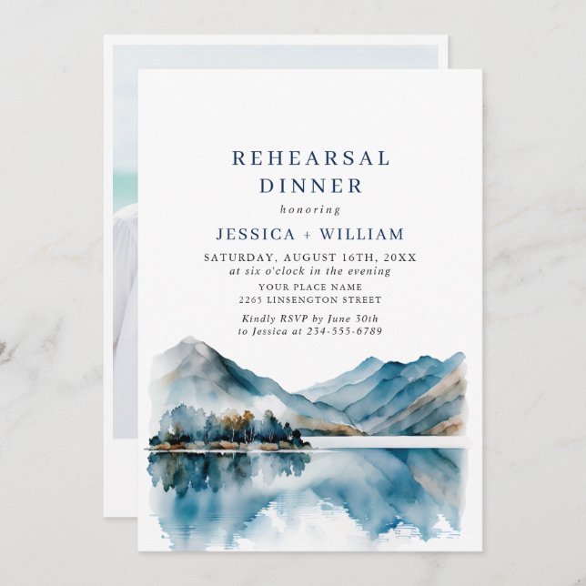 Elegant Mountains Forest Rehearsal Dinner Photo Invitation (Front/Back)