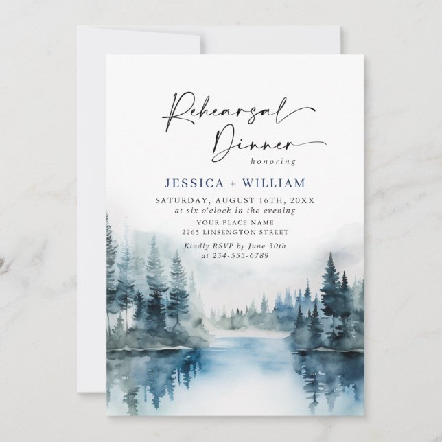 Elegant Mountains Forest Rehearsal Dinner QR code Invitation (Front)