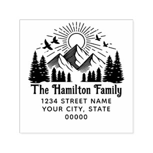 Elegant Mountains Trees Sun Birds #2 Name Address Self-inking Stamp