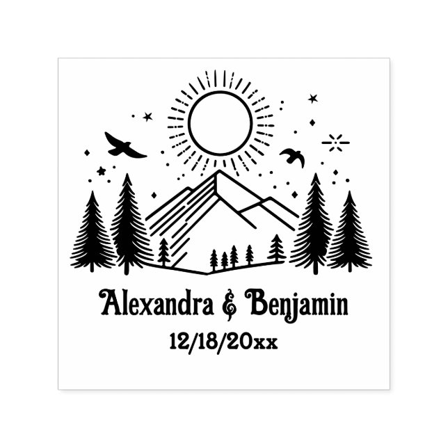 Elegant Mountains Trees Sun Birds Couple Name Date Self-inking Stamp (Design)