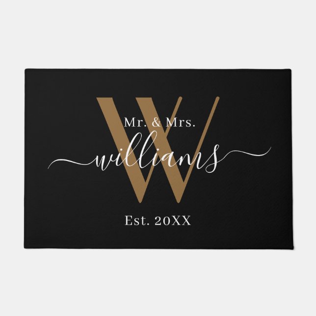 Elegant Mr And Mrs Black Gold Monogram Name Script Doormat (Front)