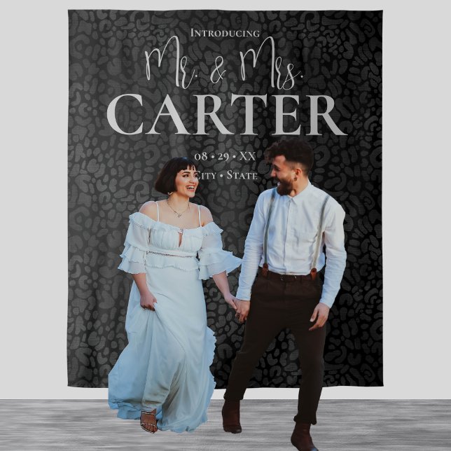 Elegant Mr and Mrs. Black Leopard Wedding Backdrop Tapestry (Creator Uploaded)