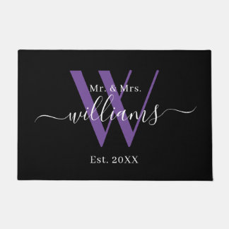 Elegant Mr And Mrs Black Purple Monogram Name Doormat