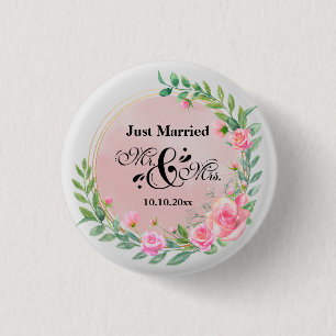 Elegant Mr and Mrs Blush Pink Flowers Wedding 3 Cm Round Badge