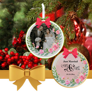 Elegant Mr and Mrs Blush Pink Flowers Wedding Ceramic Tree Decoration