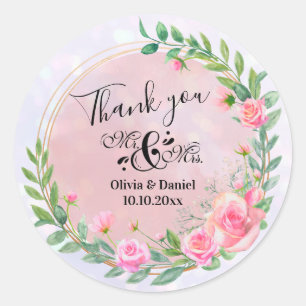 Elegant Mr and Mrs Blush Pink Flowers Wedding Classic Round Sticker