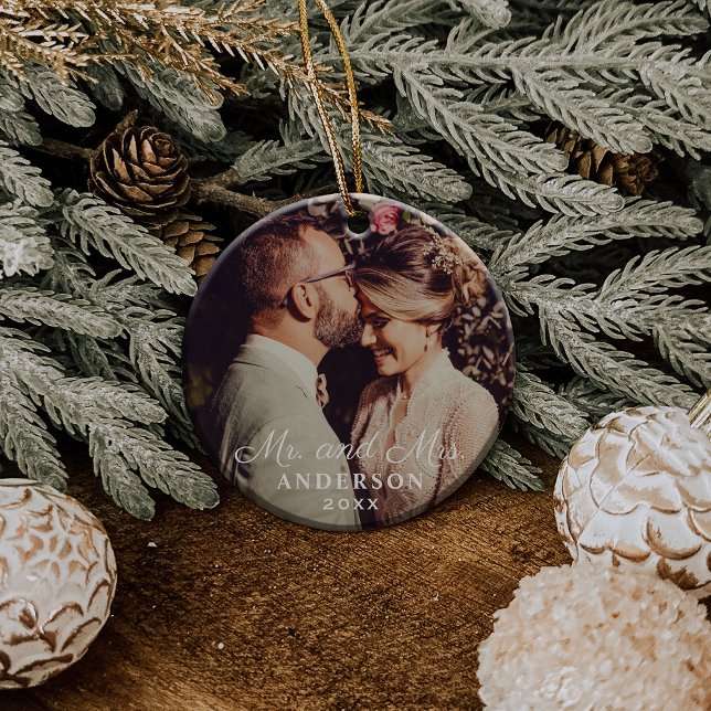 Elegant Mr and Mrs Custom Wedding Photo Monogram Ornament (Creator Uploaded)