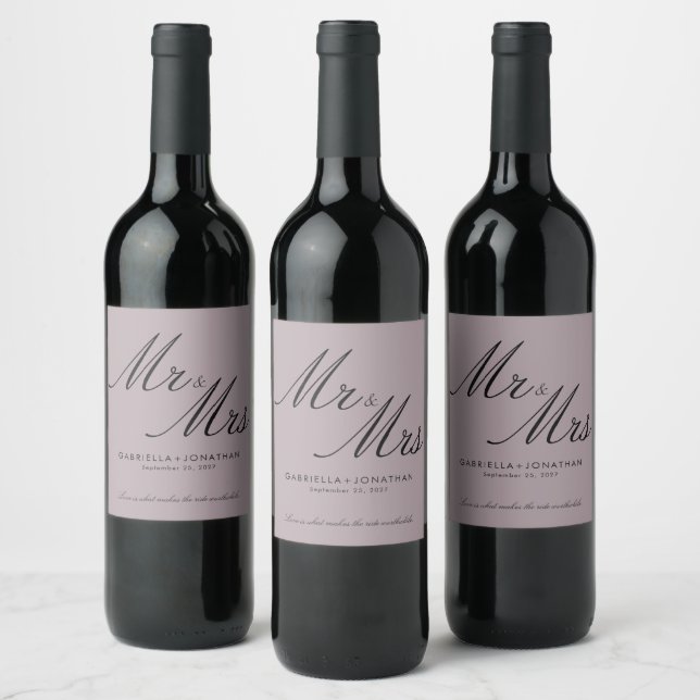 Elegant Mr and Mrs Dusty Mauve Wedding Wine Label (Bottles)