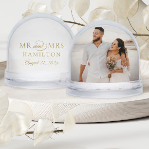 Elegant Mr and Mrs Gold Wedding Monogram Photo Snowglobe