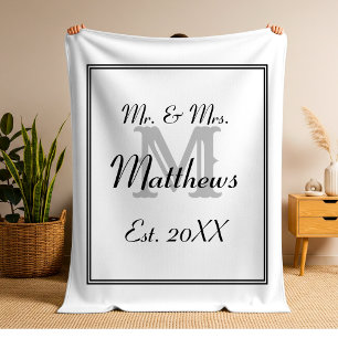 Elegant Mr and Mrs Monogram White Fleece Blanket