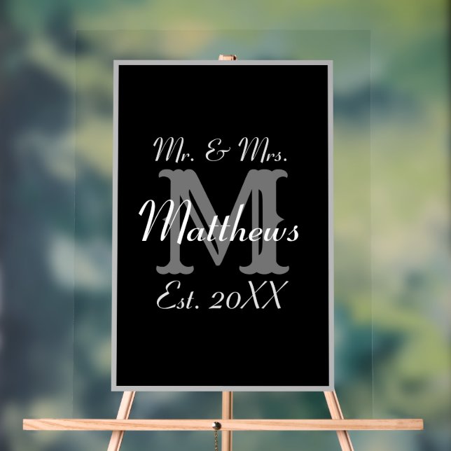 Elegant Mr and Mrs Name Black Acrylic Sign (Neutral)