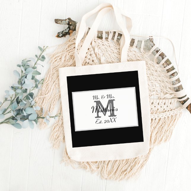 Elegant Mr and Mrs Name Black Wedding Tote Bag (Creator Uploaded)