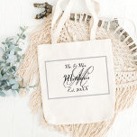 Elegant Mr and Mrs Name Black Wedding Tote Bag<br><div class="desc">A simple yet elegant black and white Mr. & Mrs. Monogrammed Wedding Tote Bag. Customise with the Newlywed's Last Name and Initial. You can personalise for your entire bridal party! Personalised Gifts For Couples—makes a great wedding or anniversary gift. Script lettering.</div>