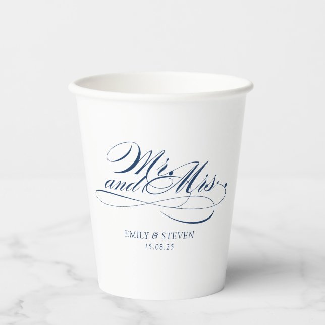 Elegant Mr and mrs Navy blue calligraphy wedding Paper Cups (Front)
