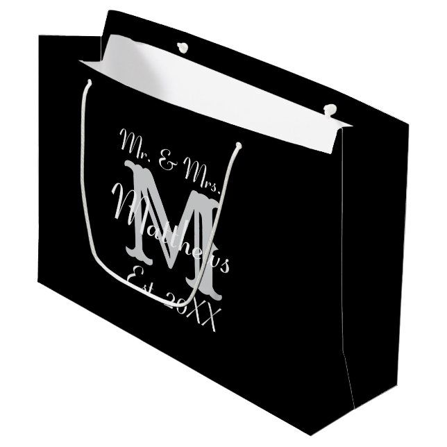 Elegant Mr and Mrs Newlywed Black Typography Large Gift Bag (Front Angled)