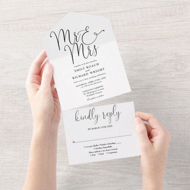 Elegant Mr And Mrs Script Black And White Wedding All In One Invitation (Tearaway)