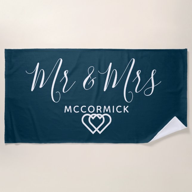 Elegant Mr And Mrs Script Blue Monogram Name Beach Towel (Front)