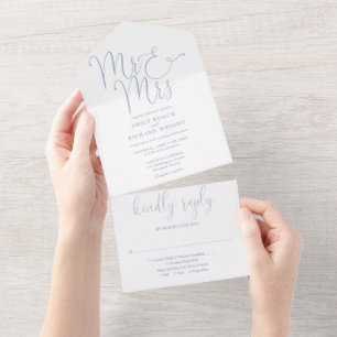 Elegant Mr And Mrs Script Dusty Blue Wedding All In One Invitation