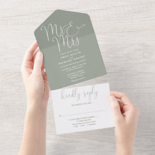 Elegant Mr And Mrs Script Sage Green Wedding All In One Invitation