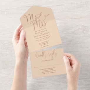 Elegant Mr And Mrs Script Soft Peach Wedding All In One Invitation