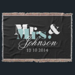Elegant Mr and Mrs throw blanket for newly weds<br><div class="desc">Cute Mr and Mrs throw blanket for newlywed couple. Romantic wedding gift idea for newly weds /  just married groom and bride / husband and wife couple. Include wedding date. Elegant script typography. Turquoise blue white and black colours.</div>