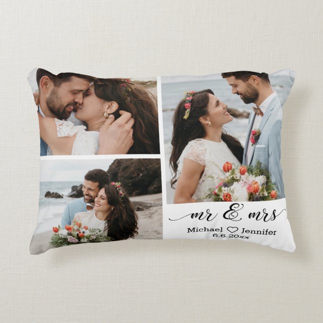 elegant mr and mrs wedding 3 photos collage  decorative cushion (Front)