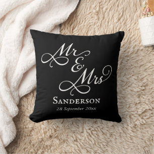 Elegant Mr and Mrs Wedding Black Cushion