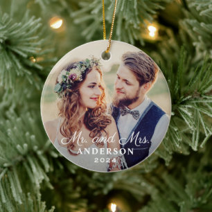 Elegant Mr and Mrs Wedding Custom Photo Monogram Ceramic Tree Decoration
