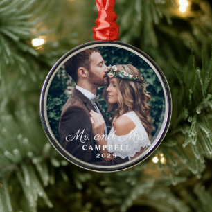 Elegant Mr and Mrs Wedding Custom Photo Monogram Metal Tree Decoration
