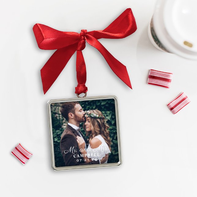 Elegant Mr and Mrs Wedding Custom Photo Monogram Metal Tree Decoration (Creator Uploaded)