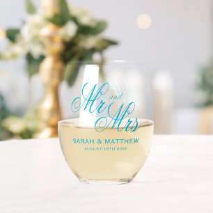 Elegant Mr and Mrs wedding personalized azure blue Stemless Wine Glass