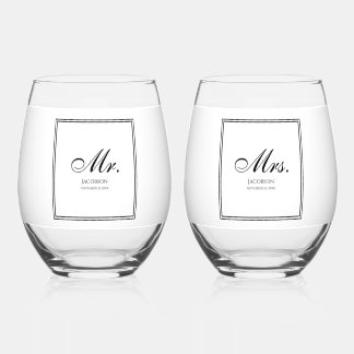 Elegant Mr and Mrs Wedding Stemless Wine Glass Set