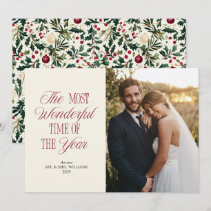 Elegant Mr Mrs Botanical Newlywed Christmas Photo Holiday Card