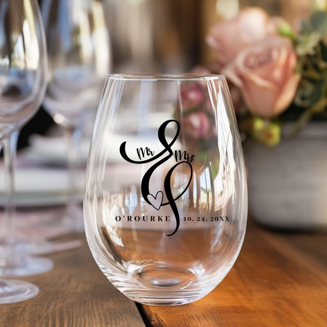 Elegant Mr. & Mrs. Calligraphy Ampersand Wedding Stemless Wine Glass (Creator Uploaded)