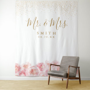 Elegant Mr & Mrs gold & blush floral wedding Tapestry