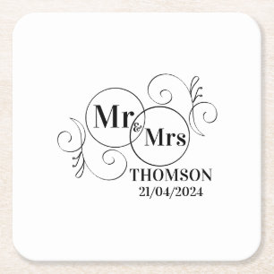 elegant mr & mrs monogram black and white wedding square paper coaster
