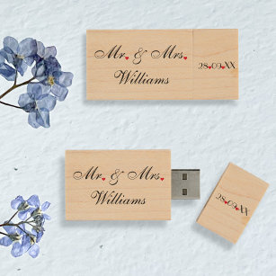 Elegant Mr Mrs Name Couple Wedding Anniversary USB Wood USB Flash Drive
