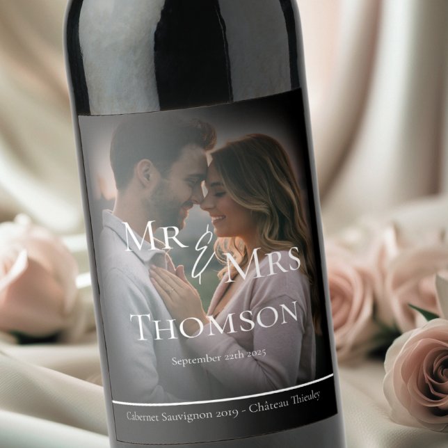 Elegant Mr & Mrs photo black winter wedding Wine Label (Creator Uploaded)