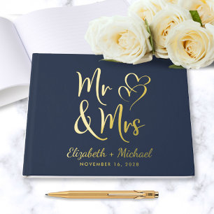 Elegant Mr Mrs Photo Blue Wedding Guest Book