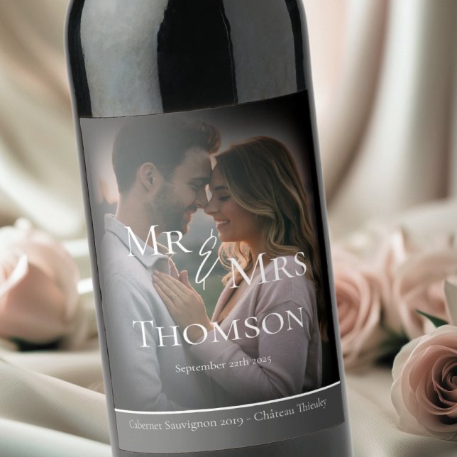 Elegant Mr & Mrs photo dark grey winter wedding Wine Label (Creator Uploaded)