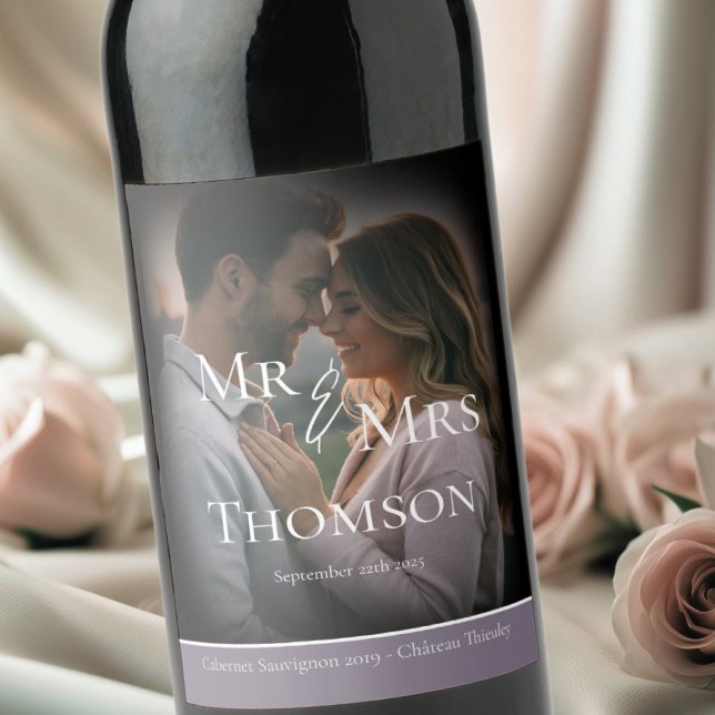 Elegant Mr & Mrs photo dark purple winter wedding Wine Label (Creator Uploaded)