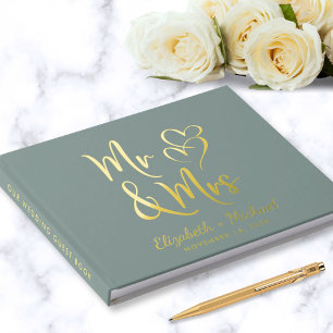 Elegant Mr Mrs Photo Sage Green Wedding Guest Book