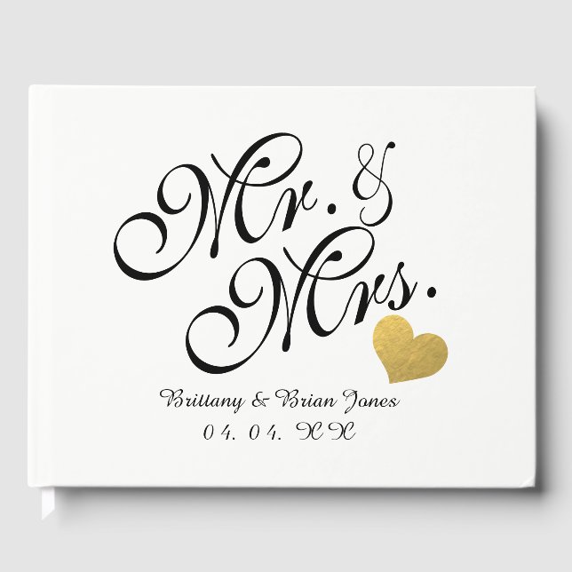 Elegant Mr & Mrs Script Gold Heart Photo Wedding Guest Book (Front)