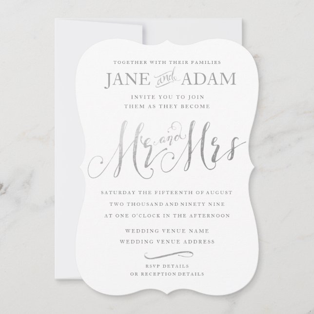 Elegant Mr & Mrs Silver Typography Wedding Invite (Front)