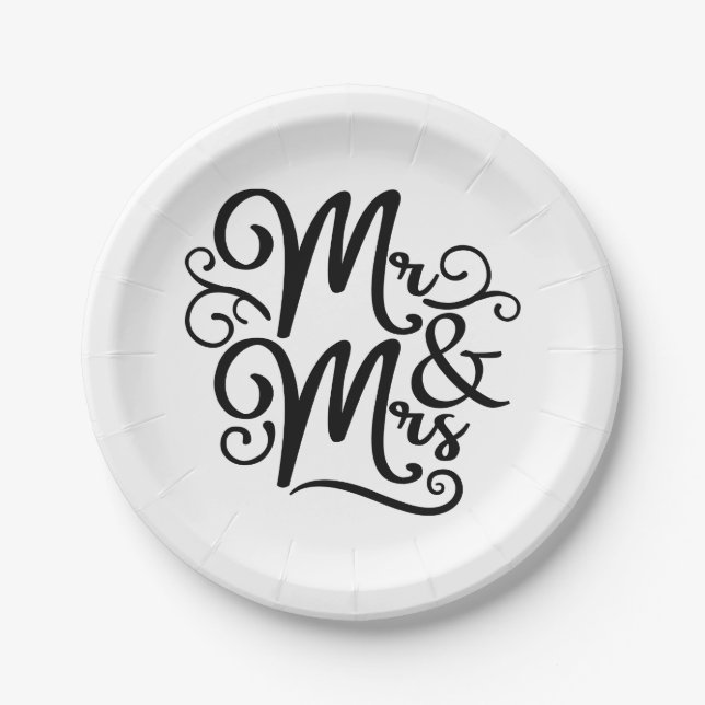 Elegant Mr & Mrs Wedding Just Married Black White Paper Plate (Front)