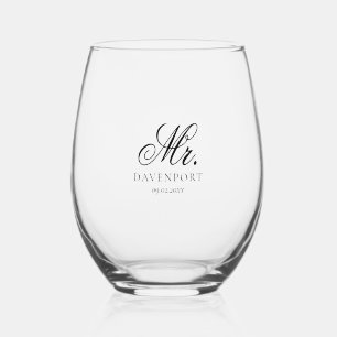 Elegant Mr. & Mrs. Wedding Keepsake Gift Stemless Wine Glass